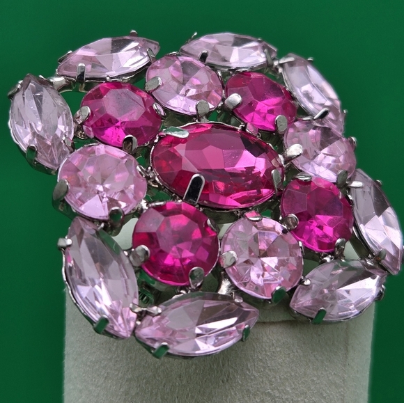 Pink Rose Raspberry Rhinestones Brooch Large Square Pin - Picture 6 of 8